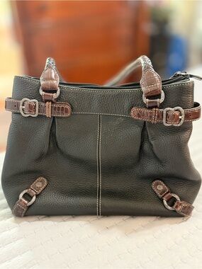 VINTAGE Brighton Lenoir Black Leather Bag, Brown Trim and Braided Handles
